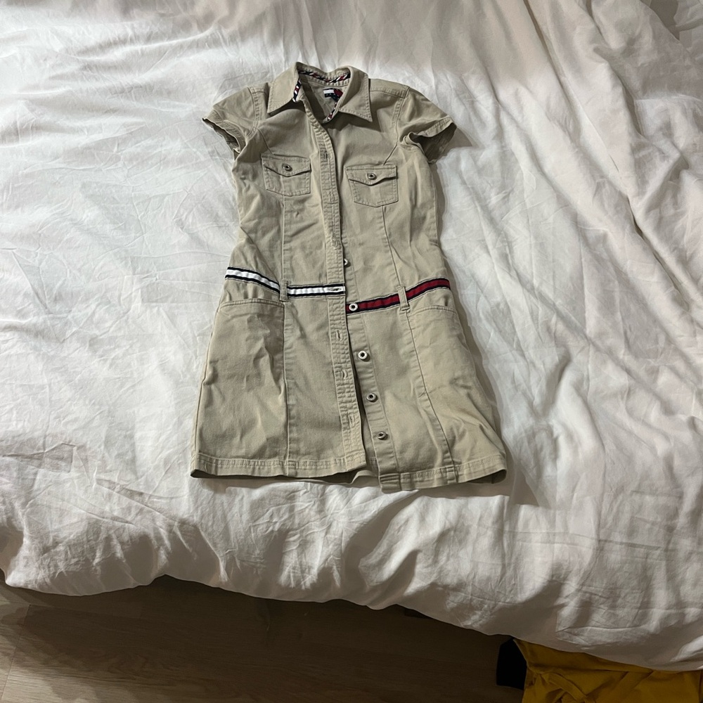 Tommy Hilfiger Khaki Short-Sleeve Shirt Dress with Red & Navy Stripe Detail